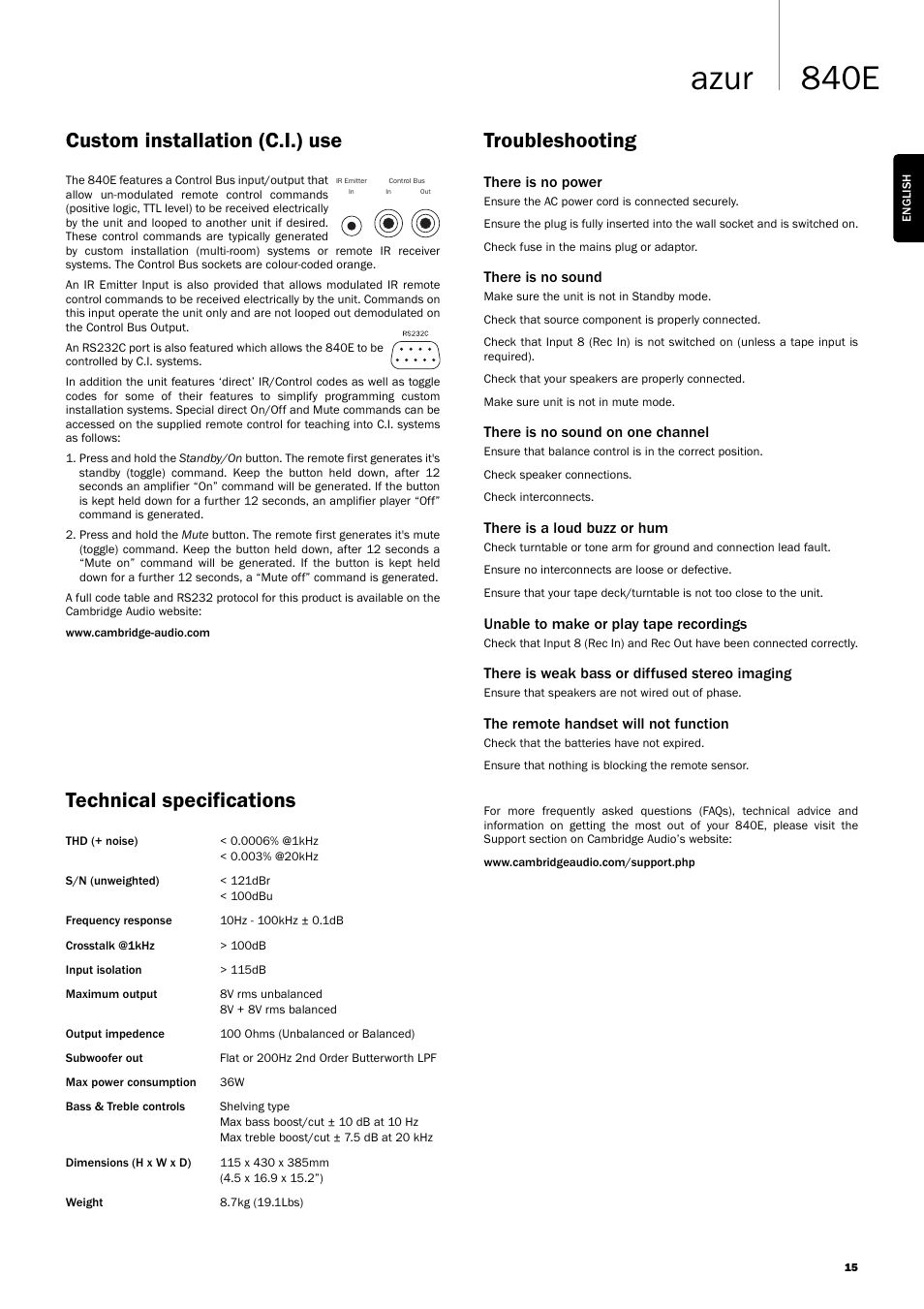 840e azur, Custom installation (c.i.) use, Troubleshooting | Technical specifications | Cambridge Audio Azur 840EW User Manual | Page 15 / 16