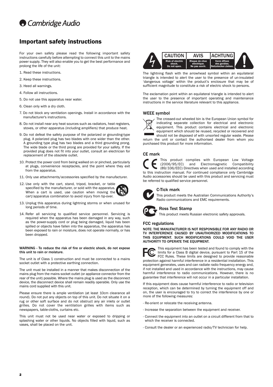 Important safety instructions, Caution, Avis | Achtung, Weee symbol, Ce mark, C-tick mark, Ross test stamp, Fcc regulations | Cambridge Audio Azur 840EW User Manual | Page 2 / 16