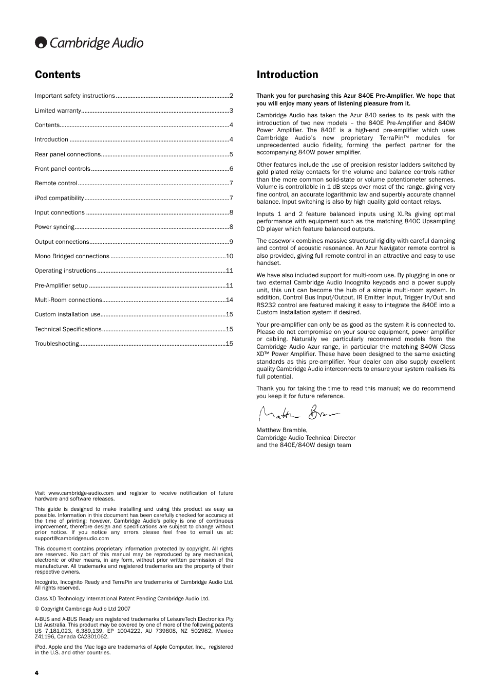 Contents introduction | Cambridge Audio Azur 840EW User Manual | Page 4 / 16