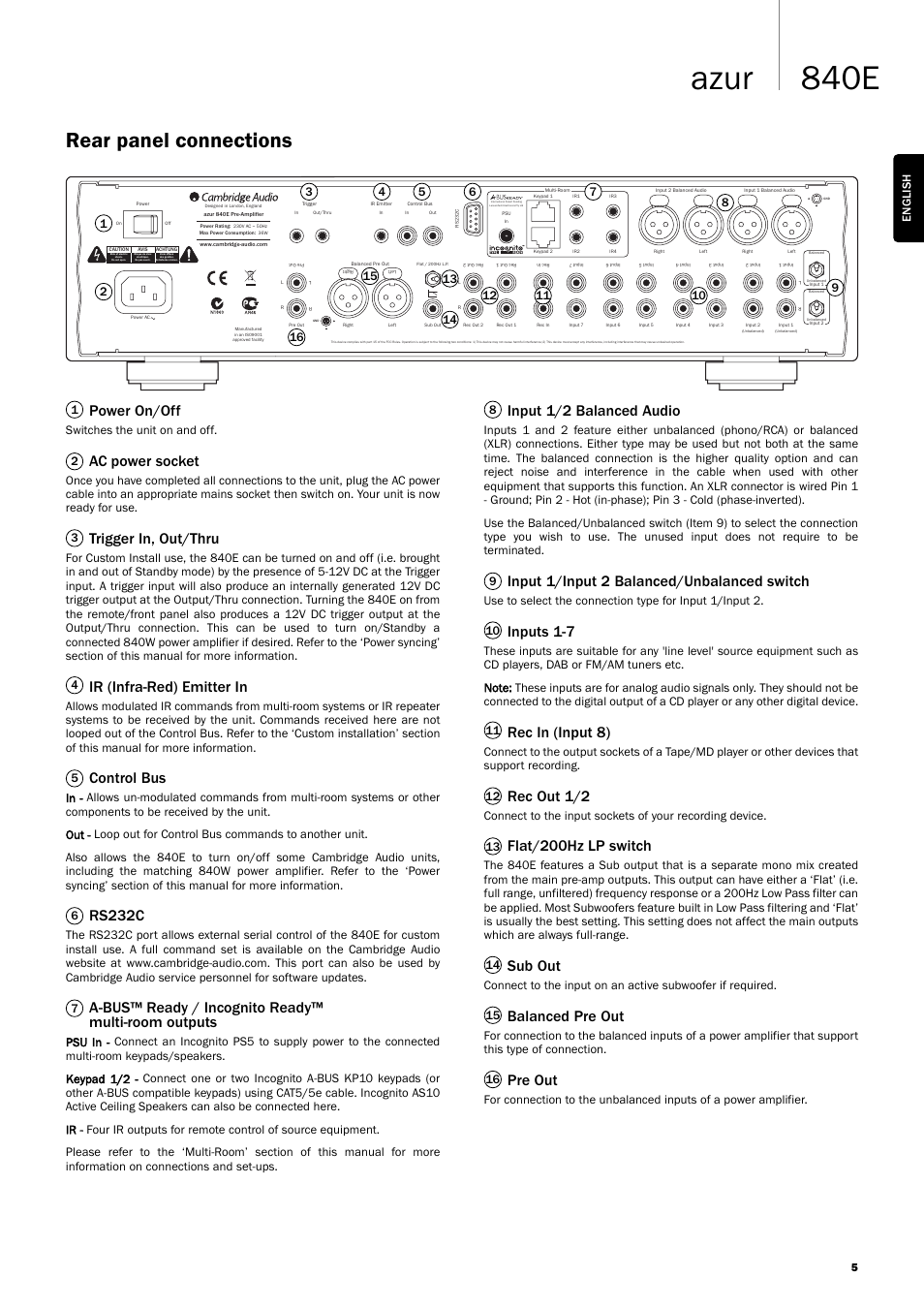 840e azur, Rear panel connections, Power on/off | Ac power socket, Trigger in, out/thru, Ir (infra-red) emitter in, Control bus, Rs232c, A-bus™ ready / incognito ready™ multi-room outputs, Input 1/2 balanced audio | Cambridge Audio Azur 840EW User Manual | Page 5 / 16