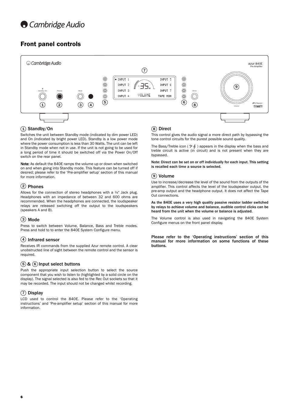 Front panel controls, Standby/on, Phones | Mode, Infrared sensor, Input select buttons, Display, Direct, Volume | Cambridge Audio Azur 840EW User Manual | Page 6 / 16