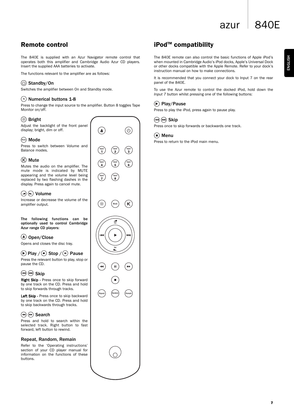 840e azur, Remote control, Ipod | Compatibility | Cambridge Audio Azur 840EW User Manual | Page 7 / 16