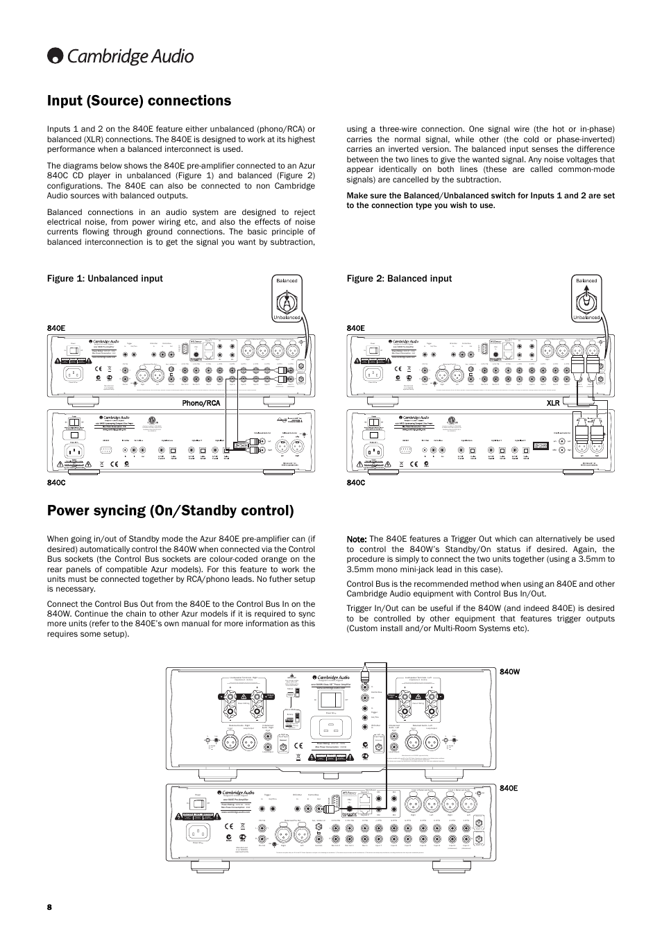 Input (source) connections, Power syncing (on/standby control), Unbalanced) | Balanced unbalanced balanced unbalanced, Risk of electric shock. do not open, Risque de choc electrique. ne pas ouvrir, Vorm öffnen des gerätes. netzstecker ziehen | Cambridge Audio Azur 840EW User Manual | Page 8 / 16