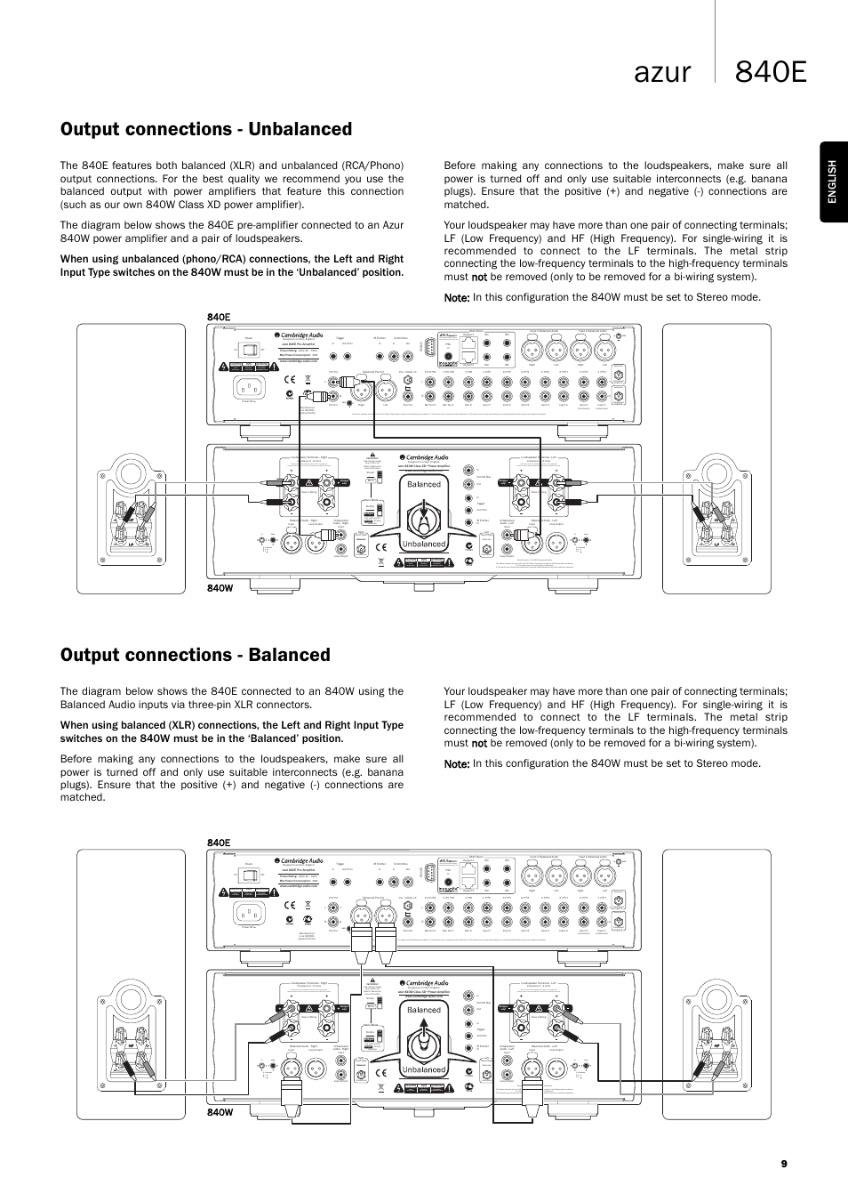 840e azur, Output connections - balanced, Output connections - unbalanced | Risk of electric shock. do not open, Risque de choc electrique. ne pas ouvrir, Vorm öffnen des gerätes. netzstecker ziehen, English 9 | Cambridge Audio Azur 840EW User Manual | Page 9 / 16