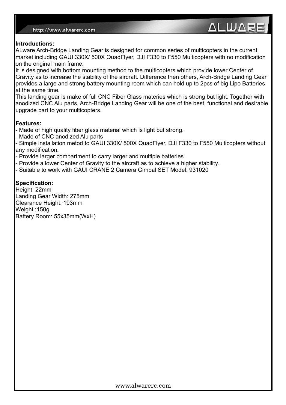 Alwarerc ALware Arch-Bridge Landing Gear User Manual | Page 2 / 9