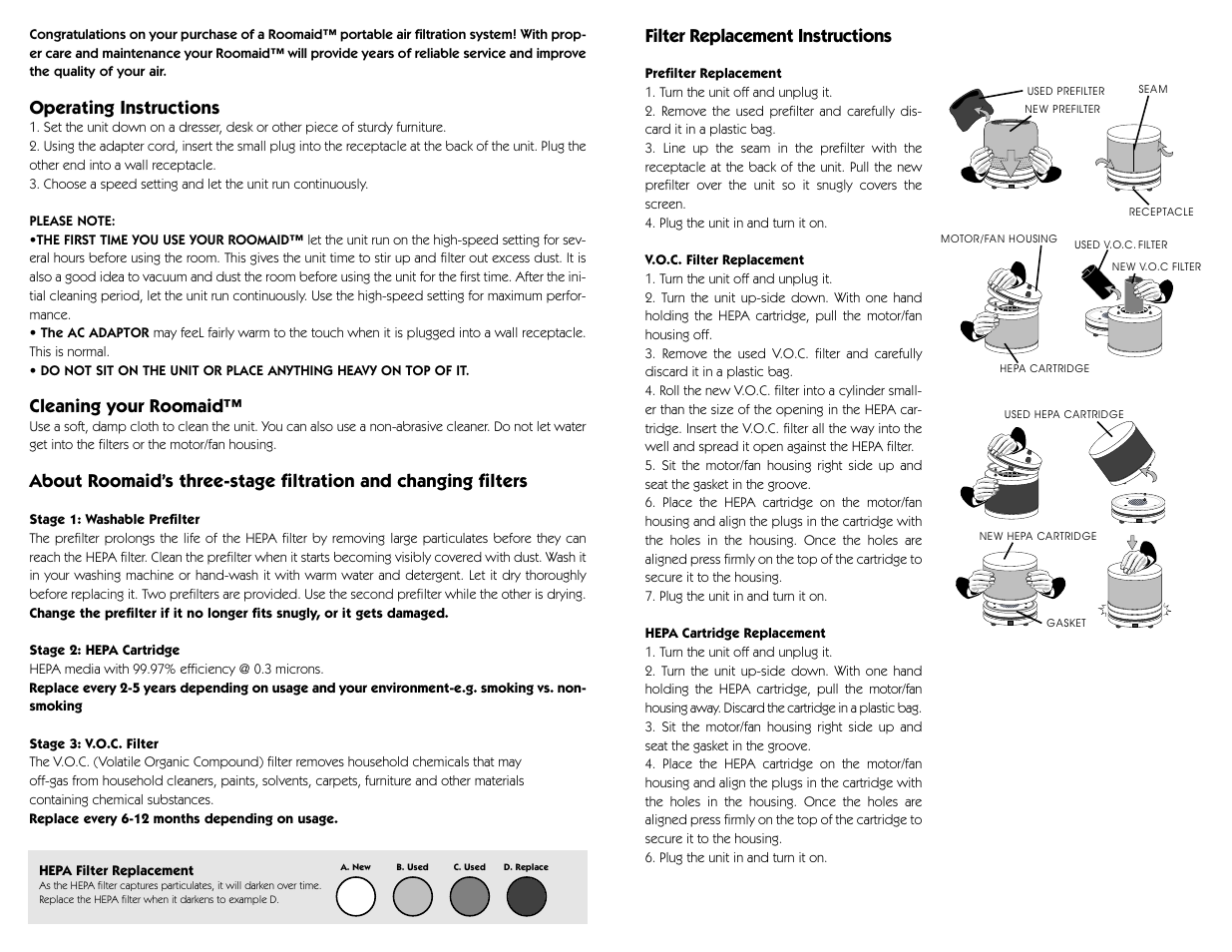 Filter replacement instructions, Operating instructions, Cleaning your roomaid | Amaircare Roomaid User Manual | Page 2 / 2