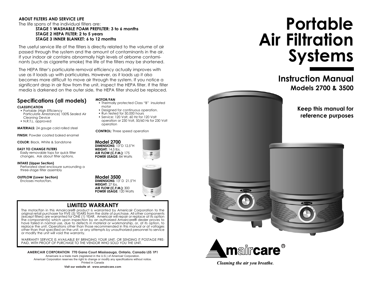 Amaircare 3500 User Manual | 2 pages