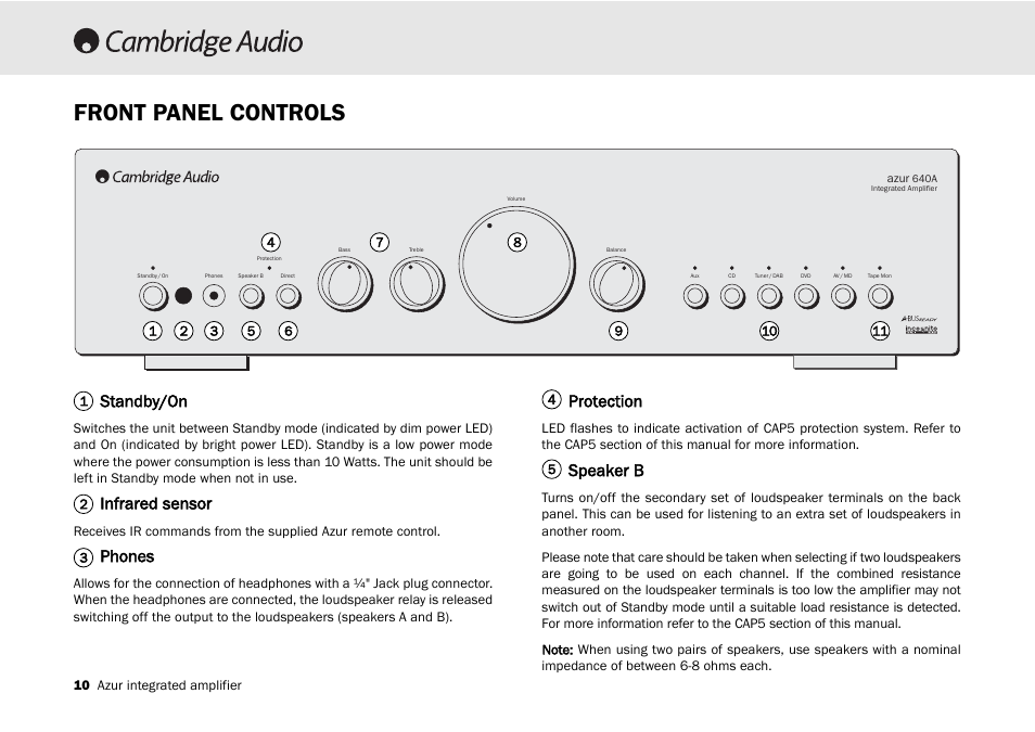 Front panel controls, Standby/on, Infrared sensor | Phones, Protection, Speaker b | Cambridge Audio 540A User Manual | Page 10 / 148