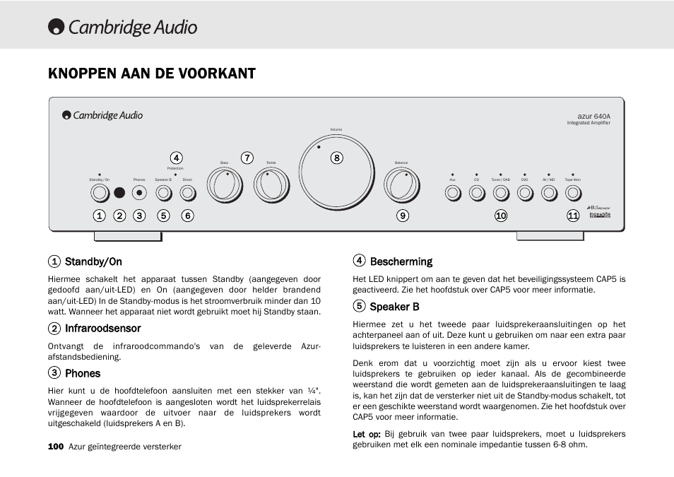 Knoppen aan de voorkant, Standby/on, Infraroodsensor | Phones, Bescherming, Speaker b | Cambridge Audio 540A User Manual | Page 100 / 148