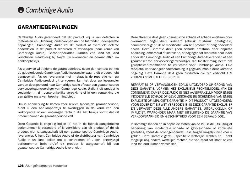 Garantiebepalingen | Cambridge Audio 540A User Manual | Page 108 / 148