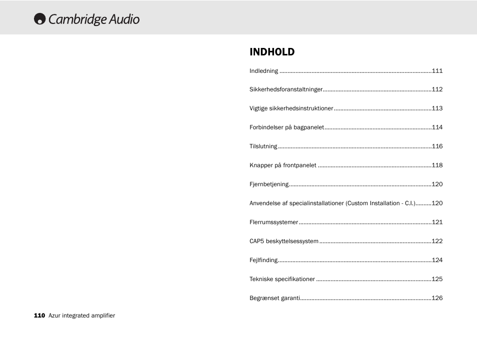 Indhold | Cambridge Audio 540A User Manual | Page 110 / 148