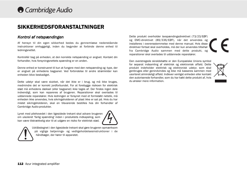 Sikkerhedsforanstaltninger, Kontrol af netspændingen | Cambridge Audio 540A User Manual | Page 112 / 148