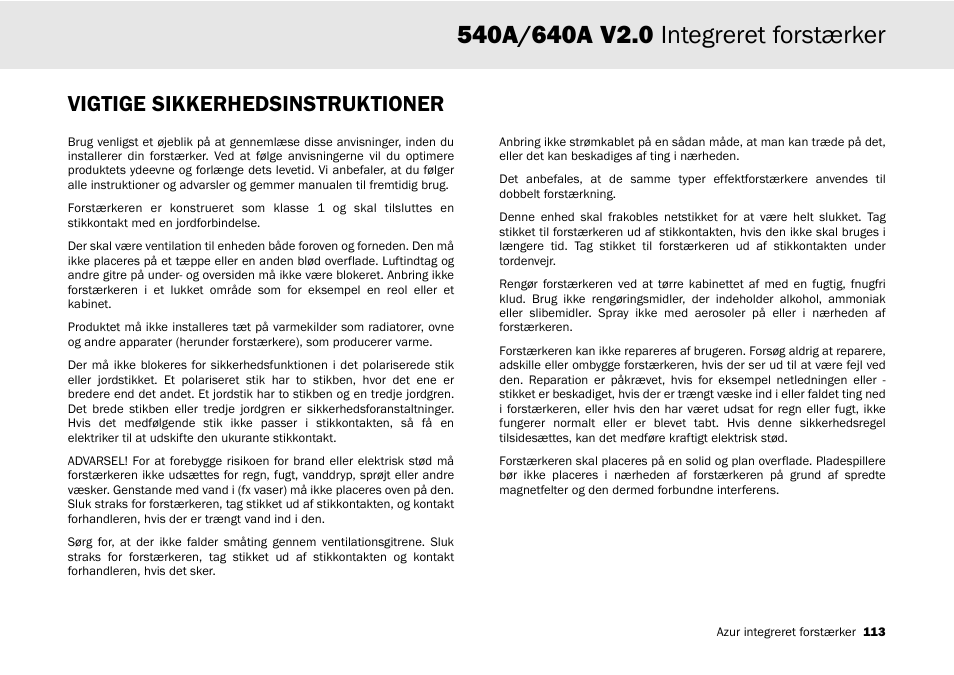 Vigtige sikkerhedsinstruktioner | Cambridge Audio 540A User Manual | Page 113 / 148