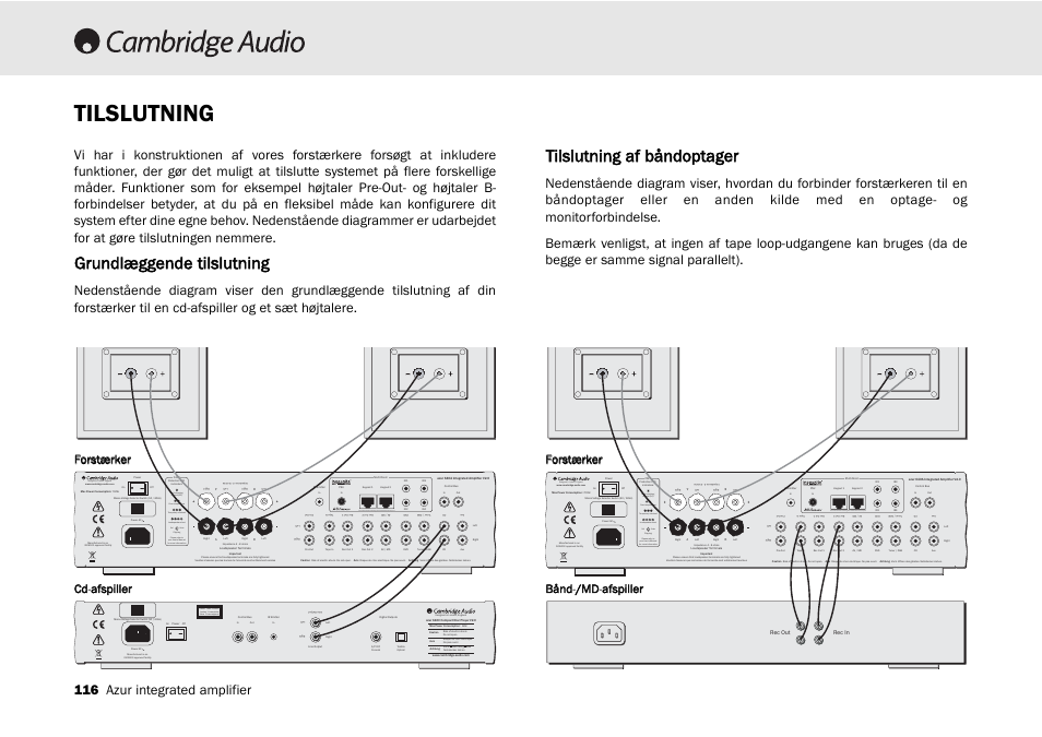 Tilslutning, Grundlæggende tilslutning, Tilslutning af båndoptager | Designed in london, england, Clipping vol auto | Cambridge Audio 540A User Manual | Page 116 / 148