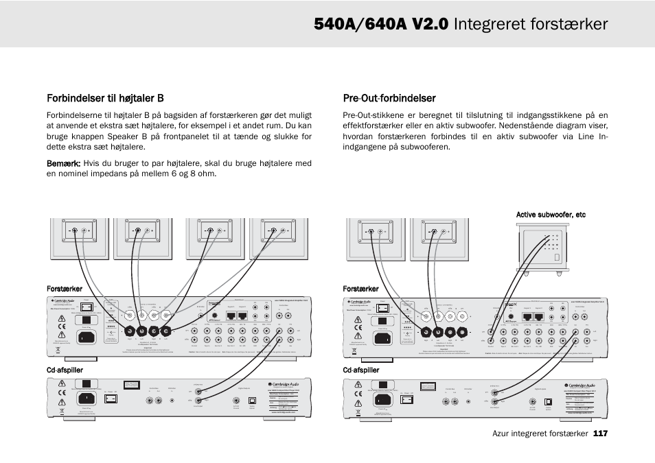 Forbindelser til højtaler b, Pre-o out-fforbindelser, Designed in london, england | Clipping vol auto, Azur integreret forstærker 117 | Cambridge Audio 540A User Manual | Page 117 / 148
