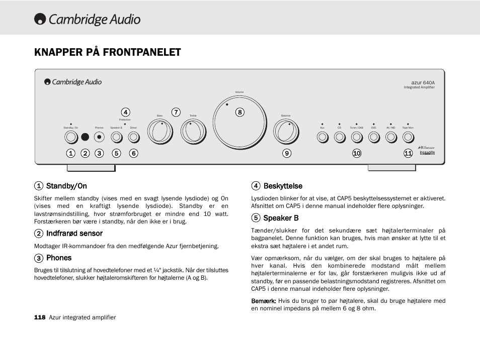 Knapper på frontpanelet, Standby/on, Indfrarød sensor | Phones, Beskyttelse, Speaker b | Cambridge Audio 540A User Manual | Page 118 / 148