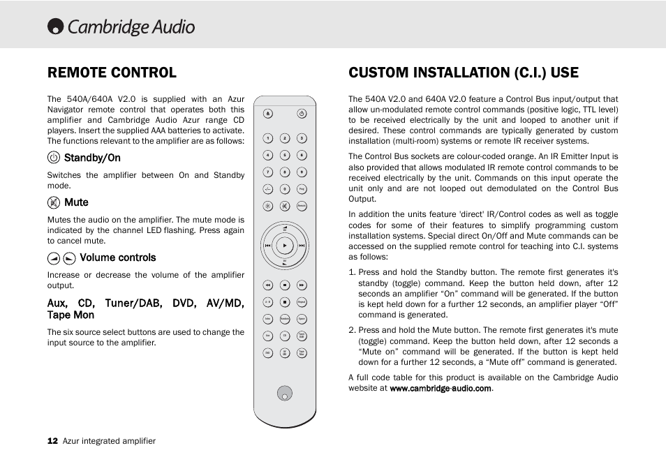 Remote control, Custom installation (c.i.) use, Standby/on | Mute, Volume controls, Aux, cd, tuner/dab, dvd, av/md, tape mon | Cambridge Audio 540A User Manual | Page 12 / 148