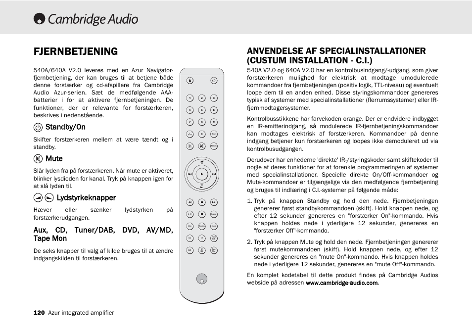 Fjernbetjening, Standby/on, Mute | Lydstyrkeknapper, Aux, cd, tuner/dab, dvd, av/md, tape mon | Cambridge Audio 540A User Manual | Page 120 / 148
