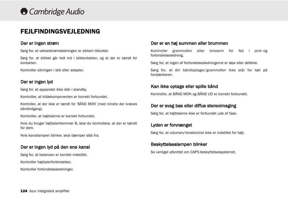 Fejlfindingsvejledning | Cambridge Audio 540A User Manual | Page 124 / 148