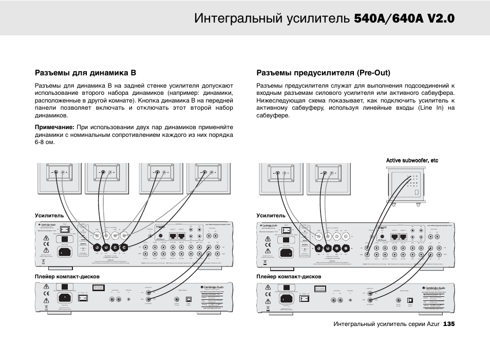 Разъемы для динамика b, Разъемы предусилителя (pre-out), Designed in london, england | Clipping vol auto, Интегральный усилитель серии azur 135 | Cambridge Audio 540A User Manual | Page 135 / 148