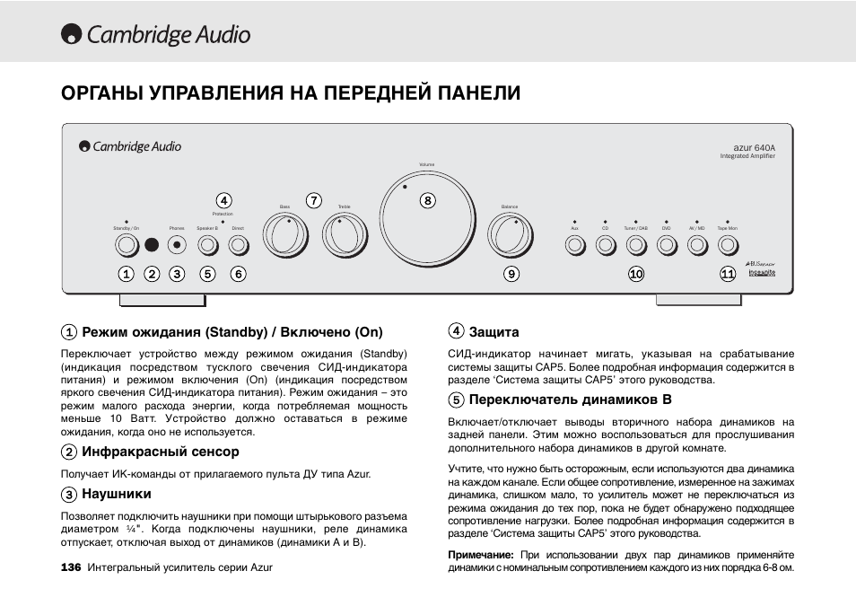 Органы управления на передней панели, Режим ожидания (standby) / включено (on), Инфракрасный сенсор | Наушники, Защита, Переключатель динамиков b | Cambridge Audio 540A User Manual | Page 136 / 148