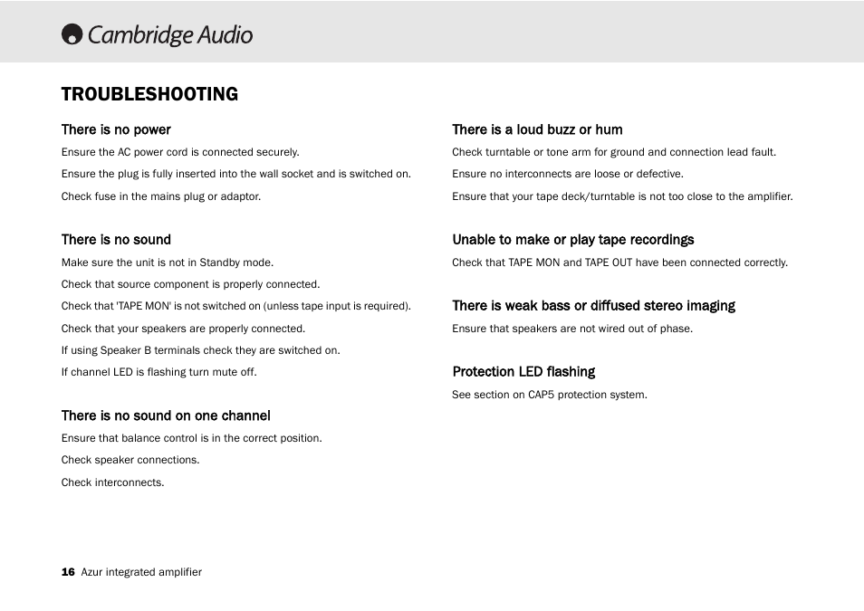 Troubleshooting | Cambridge Audio 540A User Manual | Page 16 / 148