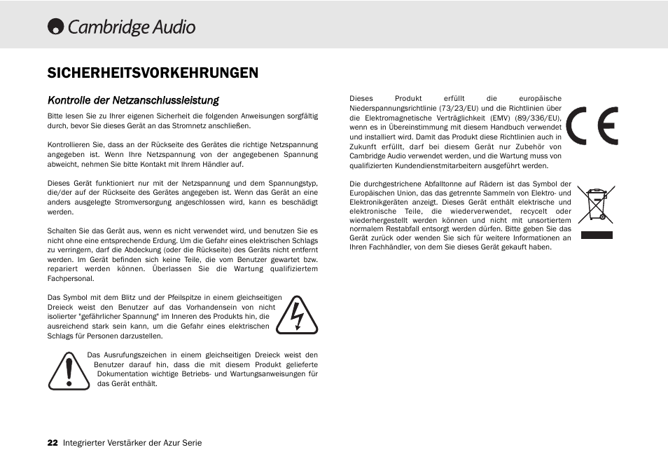 Sicherheitsvorkehrungen, Kontrolle der netzanschlussleistung | Cambridge Audio 540A User Manual | Page 22 / 148