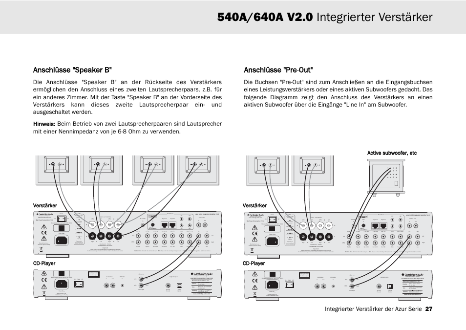 Anschlüsse "speaker b, Anschlüsse "pre-o out, Designed in london, england | Clipping vol auto, Integrierter verstärker der azur serie 27 | Cambridge Audio 540A User Manual | Page 27 / 148