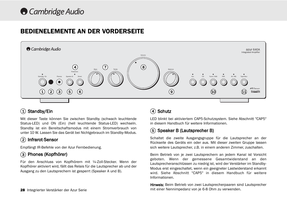 Bedienelemente an der vorderseite, Standby/ein, Infrarot-s sensor | Phones (kopfhörer), Schutz, Speaker b (lautsprecher b) | Cambridge Audio 540A User Manual | Page 28 / 148