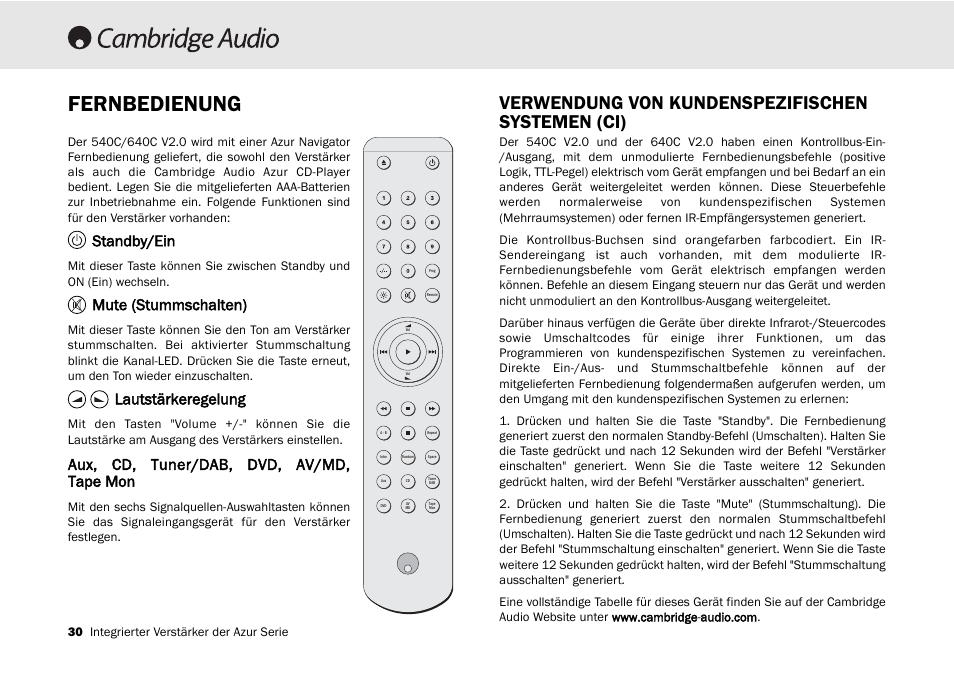 Fernbedienung, Verwendung von kundenspezifischen systemen (ci), Standby/ein | Mute (stummschalten), Lautstärkeregelung, Aux, cd, tuner/dab, dvd, av/md, tape mon | Cambridge Audio 540A User Manual | Page 30 / 148