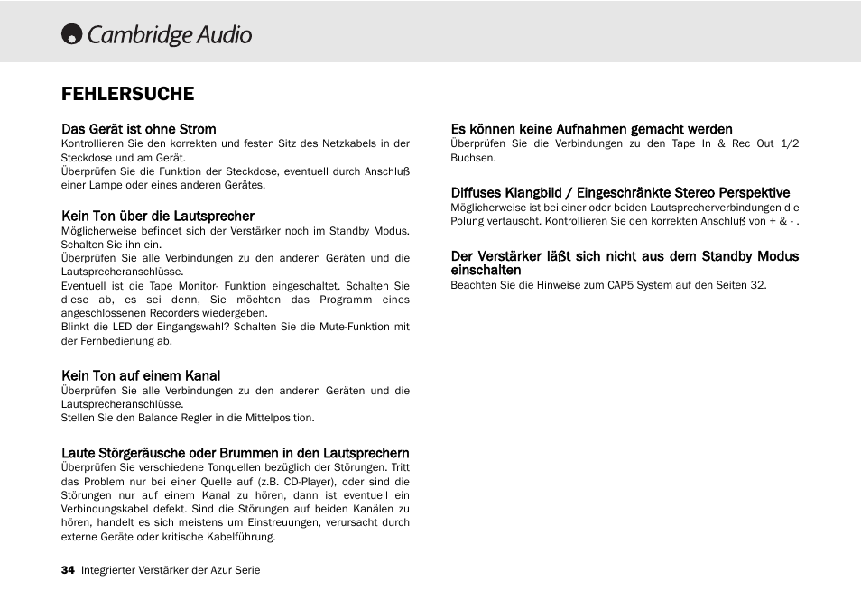 Fehlersuche | Cambridge Audio 540A User Manual | Page 34 / 148