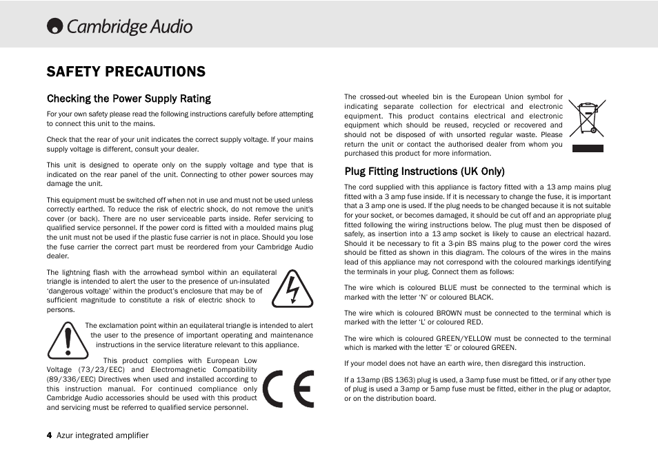 Safety precautions, Checking the power supply rating, Plug fitting instructions (uk only) | Cambridge Audio 540A User Manual | Page 4 / 148