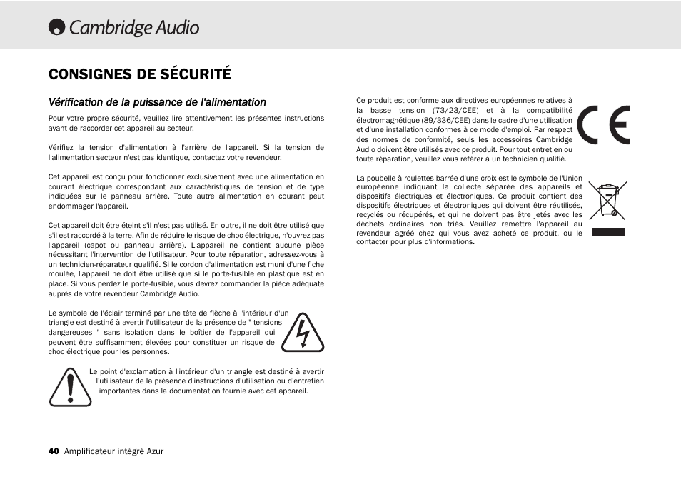 Consignes de sécurité, Vérification de la puissance de l'alimentation | Cambridge Audio 540A User Manual | Page 40 / 148