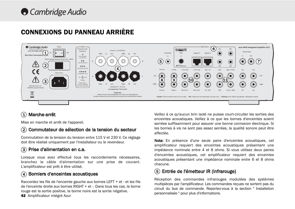 Connexions du panneau arrière, Marche-aarrêt, Commutateur de sélection de la tension du secteur | Prise d'alimentation en c.a, Borniers d'enceintes acoustiques, Entrée de l'émetteur ir (infrarouge), 42 amplificateur intégré azur, Mise en marche et arrêt de l'appareil | Cambridge Audio 540A User Manual | Page 42 / 148