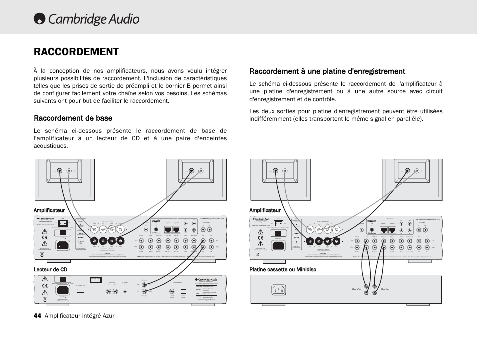 Raccordement, Raccordement de base, Raccordement à une platine d'enregistrement | Designed in london, england, Clipping vol auto | Cambridge Audio 540A User Manual | Page 44 / 148