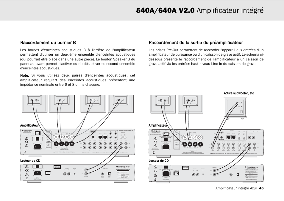 Raccordement du bornier b, Raccordement de la sortie du préamplificateur, Designed in london, england | Clipping vol auto, Amplificateur intégré azur 45 | Cambridge Audio 540A User Manual | Page 45 / 148