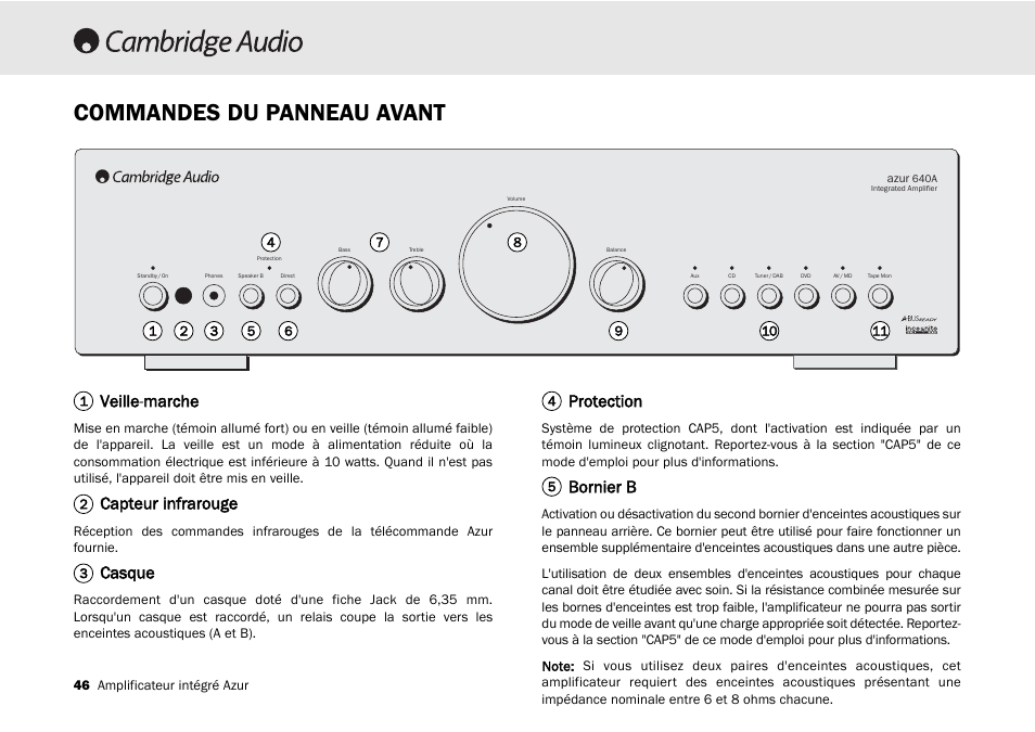 Commandes du panneau avant, Veille-m marche, Capteur infrarouge | Casque, Protection, Bornier b | Cambridge Audio 540A User Manual | Page 46 / 148