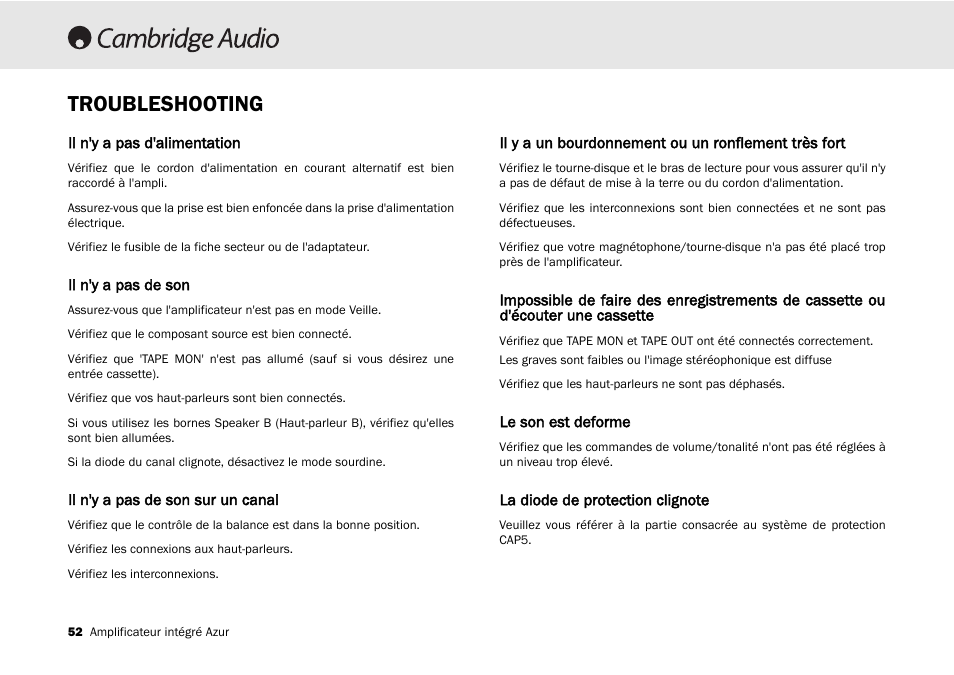 Troubleshooting | Cambridge Audio 540A User Manual | Page 52 / 148