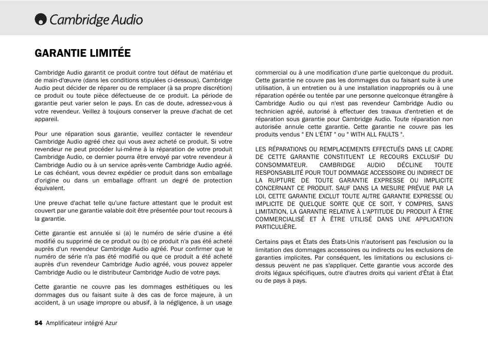 Garantie limitée | Cambridge Audio 540A User Manual | Page 54 / 148