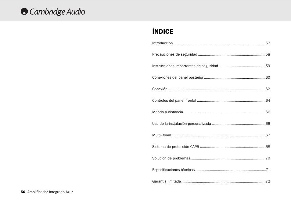 Índice | Cambridge Audio 540A User Manual | Page 56 / 148