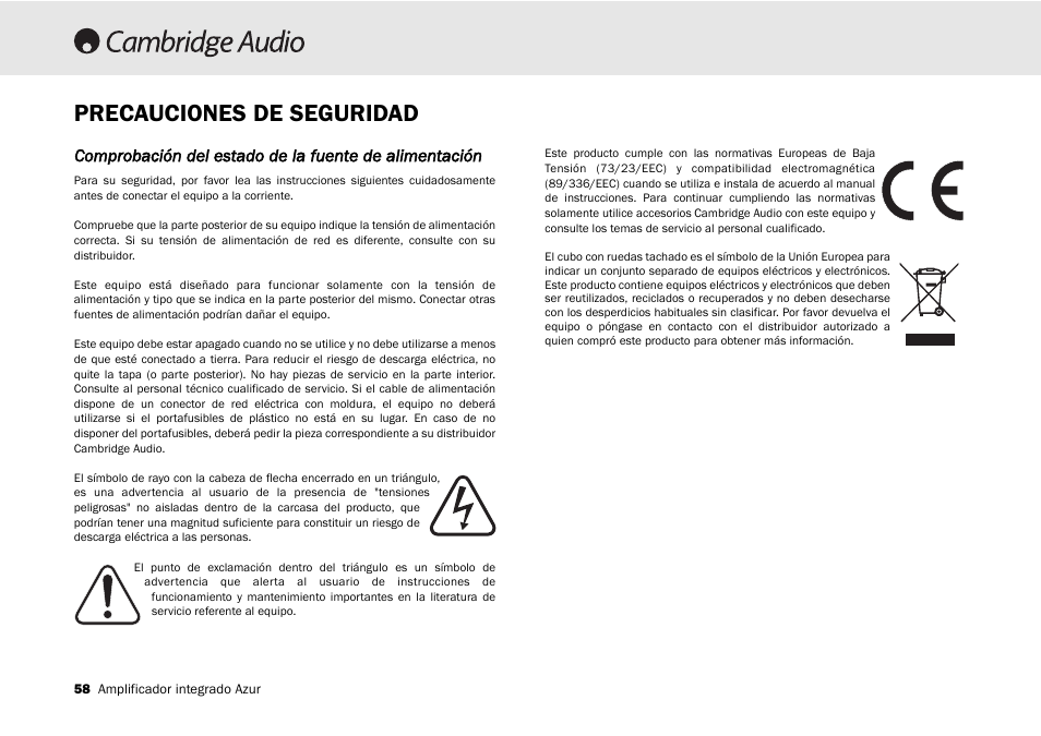 Precauciones de seguridad | Cambridge Audio 540A User Manual | Page 58 / 148
