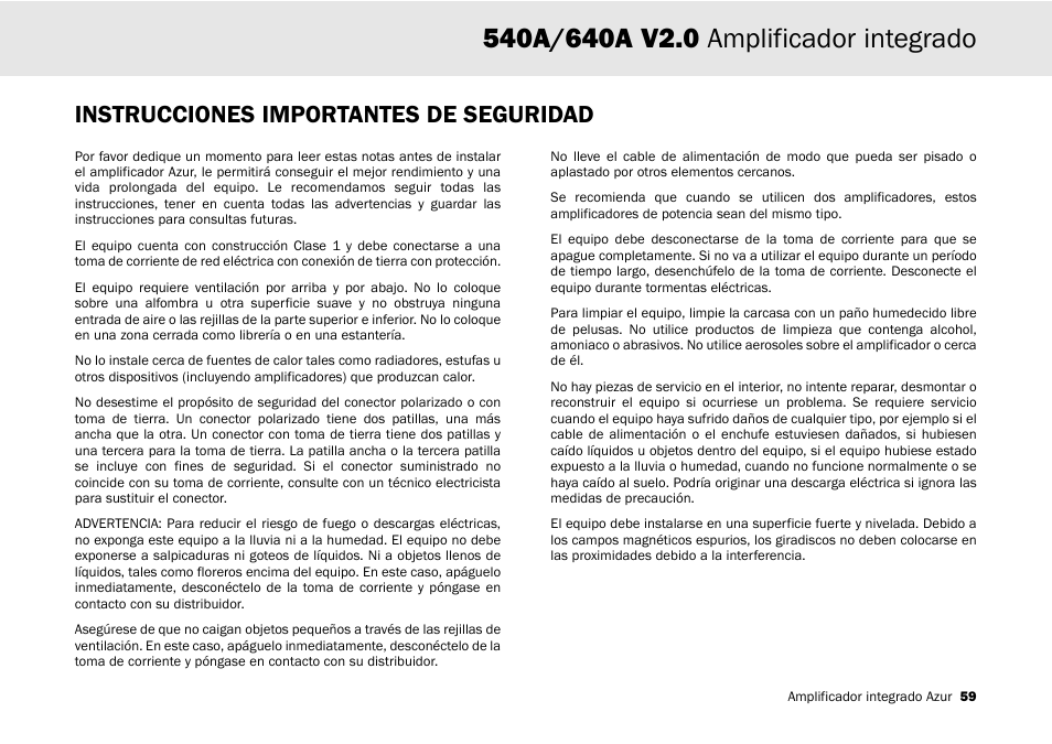 Instrucciones importantes de seguridad | Cambridge Audio 540A User Manual | Page 59 / 148