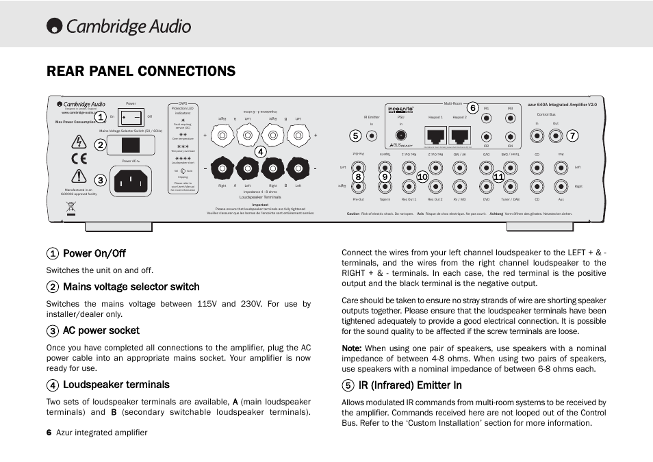 Rear panel connections, Power on/off, Mains voltage selector switch | Ac power socket, Loudspeaker terminals, Ir (infrared) emitter in, 6 azur integrated amplifier, Switches the unit on and off | Cambridge Audio 540A User Manual | Page 6 / 148