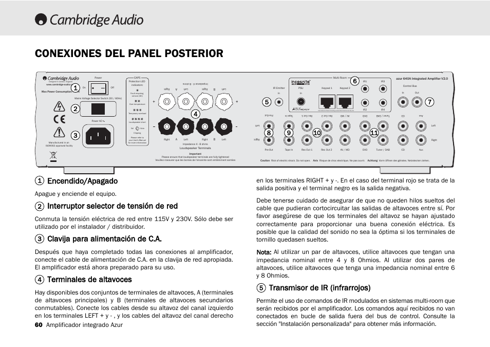 Conexiones del panel posterior, Encendido/apagado, Interruptor selector de tensión de red | Clavija para alimentación de c.a, Terminales de altavoces, Transmisor de ir (infrarrojos), 60 amplificador integrado azur, Apague y enciende el equipo | Cambridge Audio 540A User Manual | Page 60 / 148
