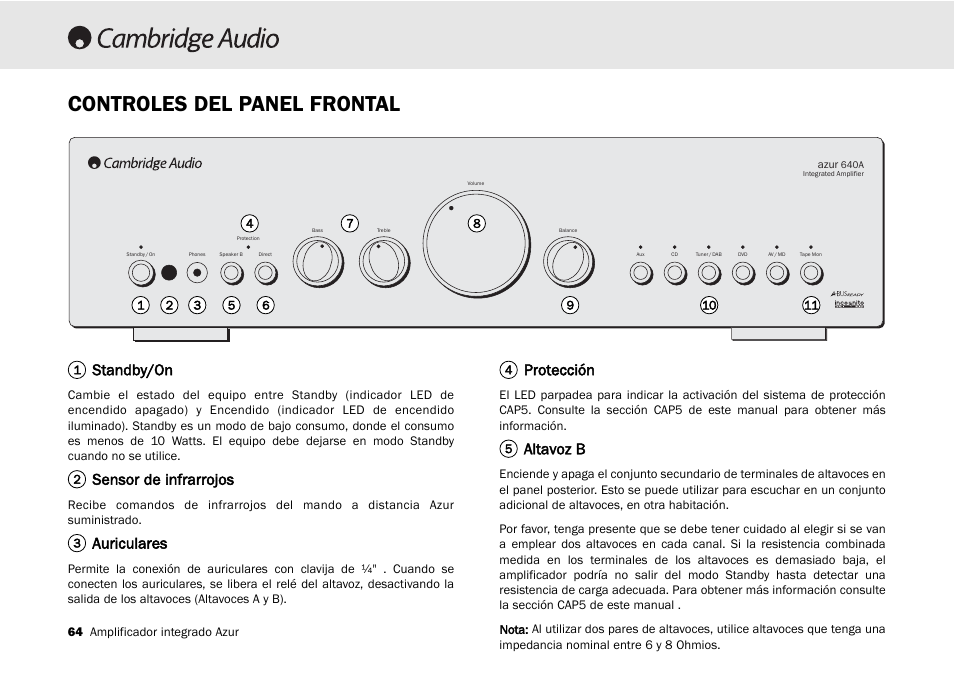Controles del panel frontal, Standby/on, Sensor de infrarrojos | Auriculares, Protección, Altavoz b | Cambridge Audio 540A User Manual | Page 64 / 148