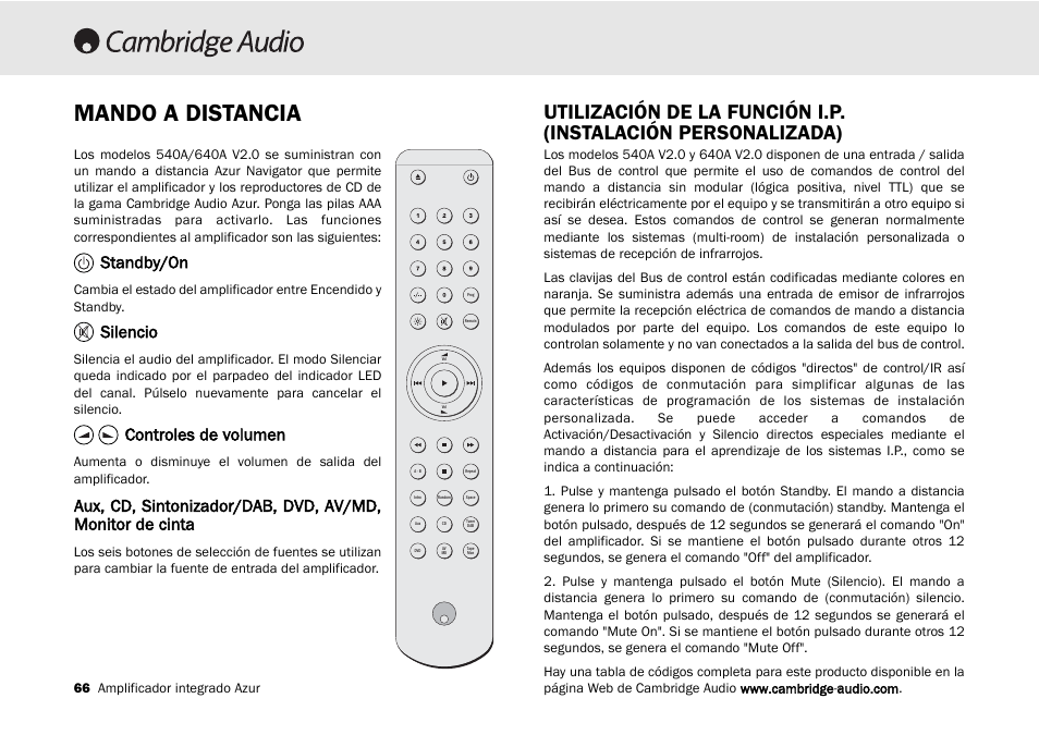 Mando a distancia, Standby/on, Silencio | Controles de volumen | Cambridge Audio 540A User Manual | Page 66 / 148