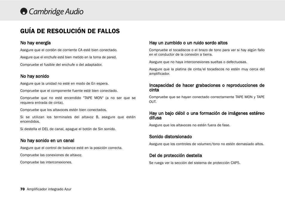 Guía de resolución de fallos | Cambridge Audio 540A User Manual | Page 70 / 148