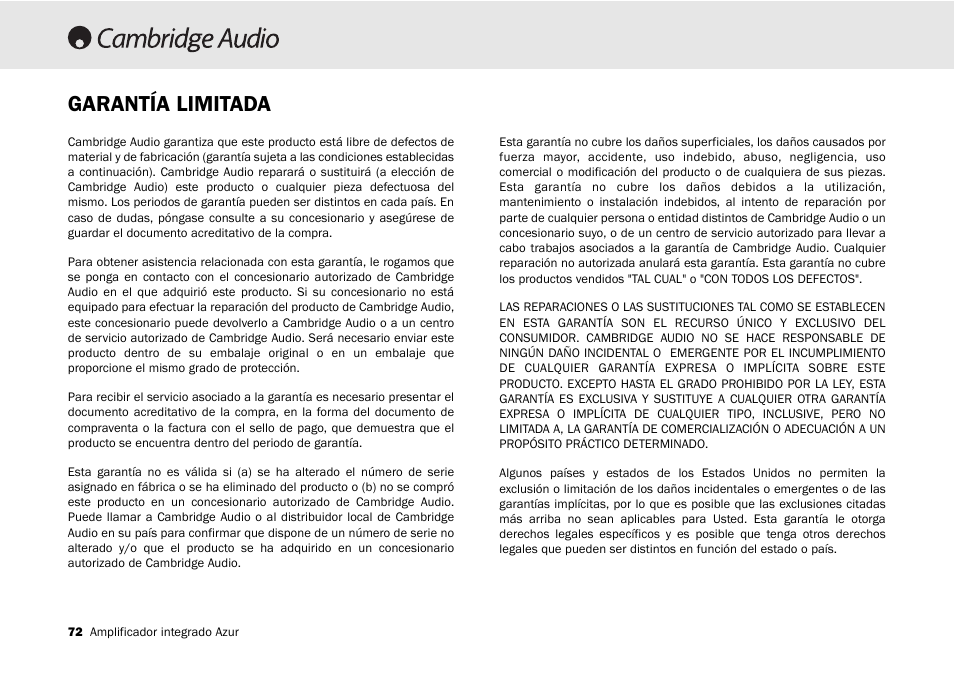 Garantía limitada | Cambridge Audio 540A User Manual | Page 72 / 148