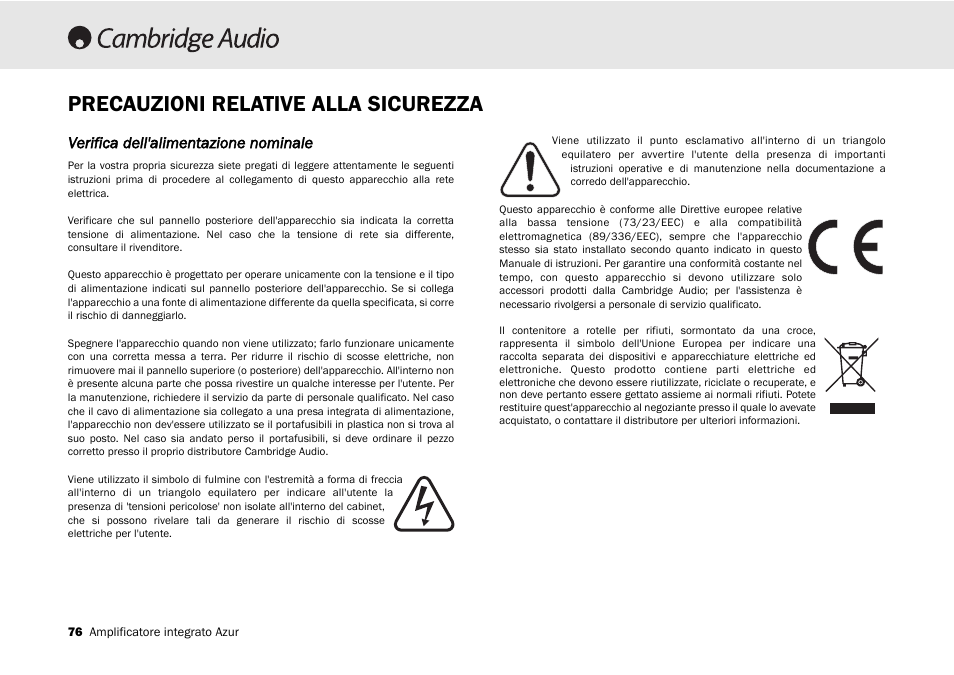 Precauzioni relative alla sicurezza, Verifica dell'alimentazione nominale | Cambridge Audio 540A User Manual | Page 76 / 148