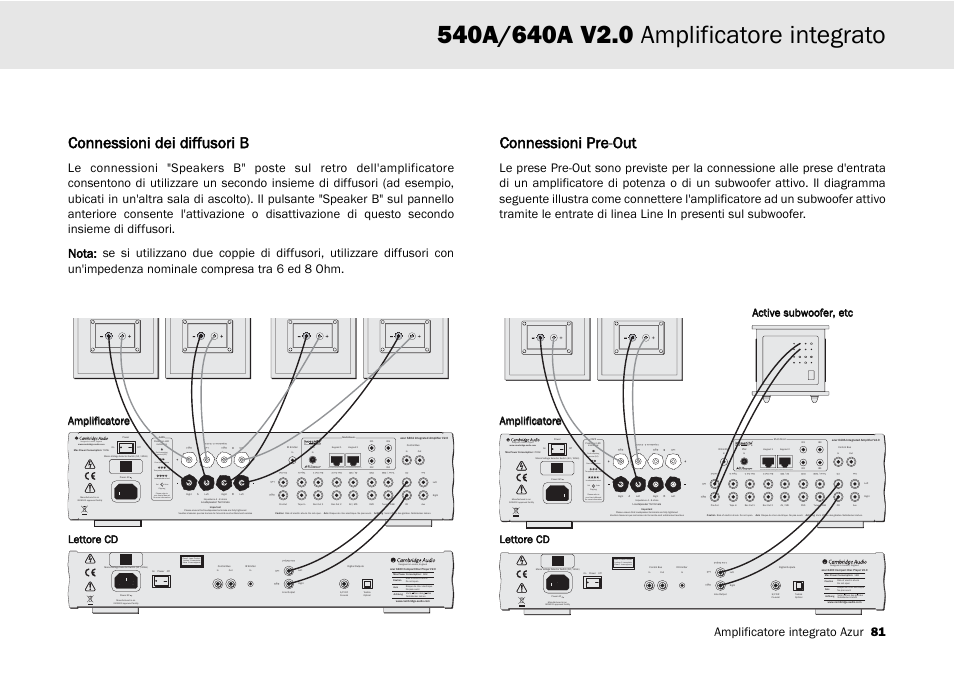 Connessioni dei diffusori b, Connessioni pre-o out, Designed in london, england | Clipping vol auto, Amplificatore integrato azur 81 | Cambridge Audio 540A User Manual | Page 81 / 148